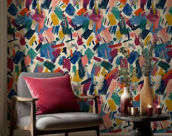Abstract Brushstroke Wallpaper Colorful Peel And Stick Artistic Removable Wall Decor
