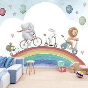 Carta da parati arcobaleno, simpatici animali, murale, cartoni animati, stacca e attacca, arte murale per la stanza dei bambini