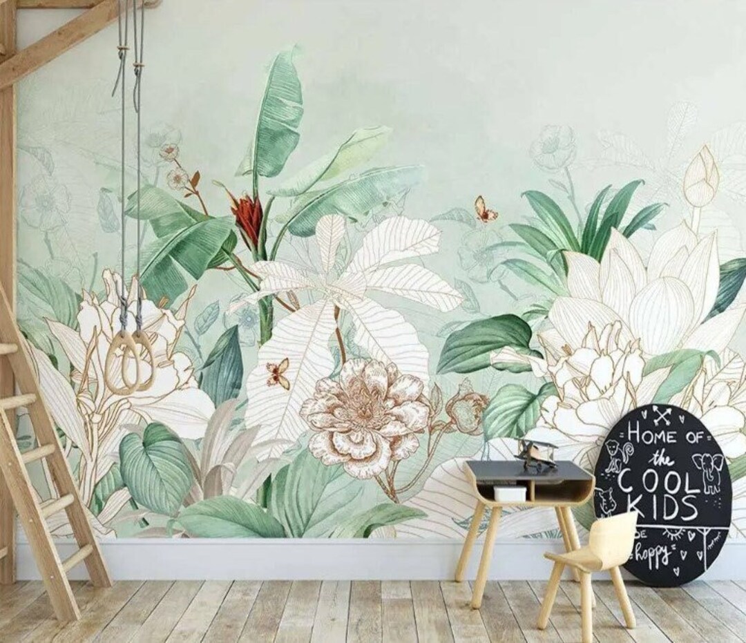 Green Leaves Wallpaper White Leaf Wall Mural Tropical Tree Peel and