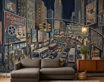 Dark Cityscape Wallpaper Night Street Peel And Stick Downtown Traffic Removable Wall Decor