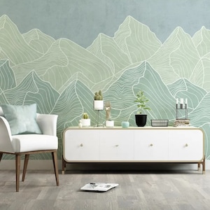 Abstract Mountain Wallpaper Green Wall Mural Line Peel and Stick
