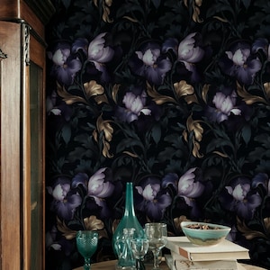 Dark Purple Iris & Blattgold Tapete Wandbild | Traumhaftes Kunstwerk aus den 70er Jahren