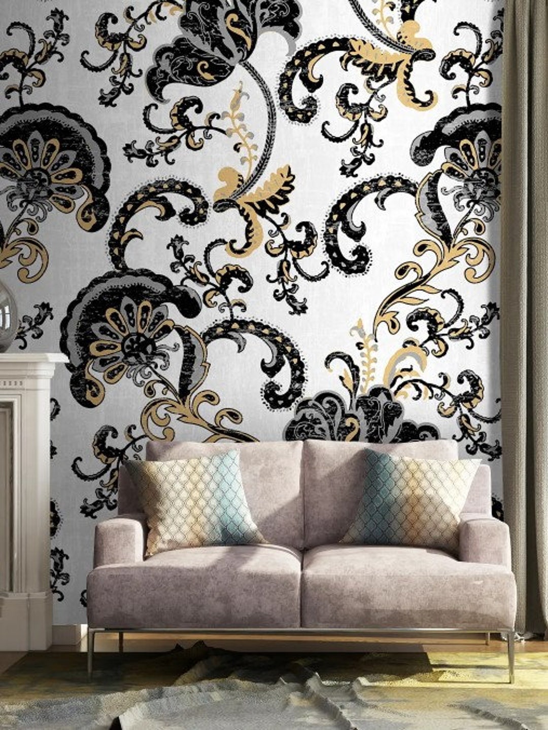 Black Flowers Wallpaper Gold Floral Wall Mural White Background Peel