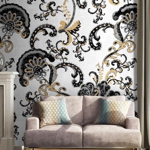 Schwarze Blumen Wallpaper Gold Floral Wandbild Weißer Hintergrund Schälen und Aufkleben Barocke Wandkunst