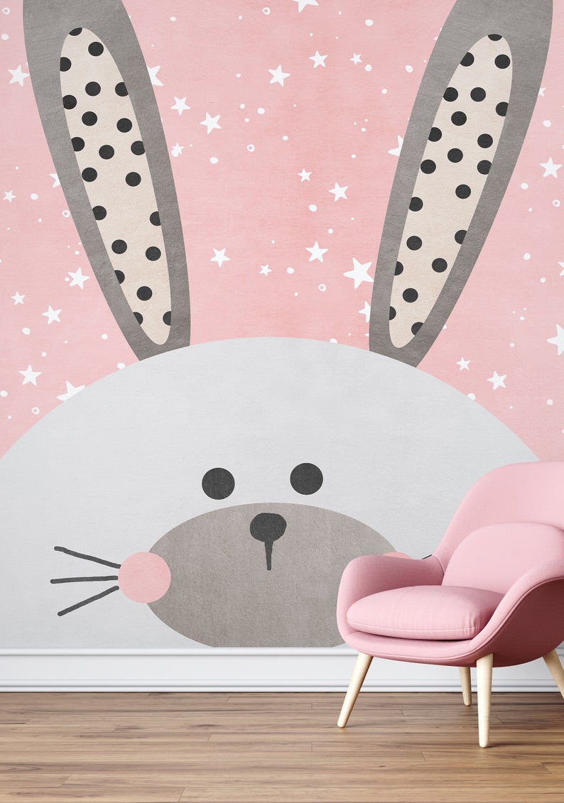 Cute Bunny Wallpaper Pink Wall Mural Kids Room Peel and Stick - Etsy