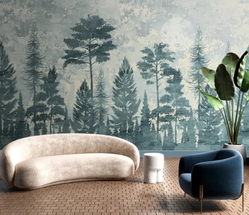 Trees Wallpaper Foggy Wall Mural Misty Peel and Stick Forest Wall Art ...