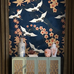 Japanese Wallpaper Crane Bird Wall Mural Blue Background Peel and Stick White Wall Art