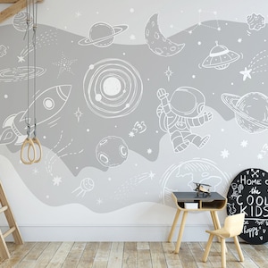 Weltraum Tapete zum Schälen und Aufkleben Kinderzimmer Design Kinderzimmer Wandbild Grau Wanddekoration