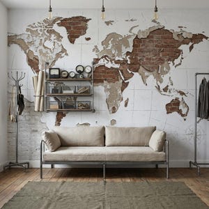 Peut inclure: Salon avec une fresque murale représentant une carte du monde, un canapé beige et un tapis gris. Le mur présente des briques apparentes et de la peinture écaillée, créant une ambiance vintage. Des étagères et des luminaires de style industriel complètent le décor.
