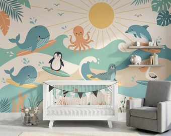 Papel pintado blanco con fondo de animales marinos, autoadhesivo, en tonos pastel, removible para decoración de pared.