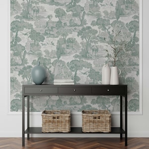 Carta da parati Toile Peel and Stick Vintage Wall Mural Verde e Bianco Natura Tema Arte murale