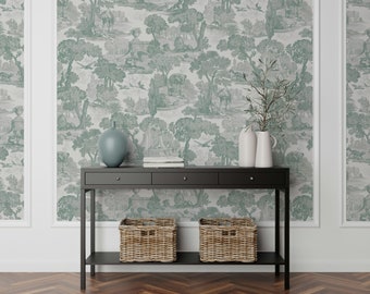 Green Toile Peel and Stick Wallpaper: Vintage Nature Wall Mural