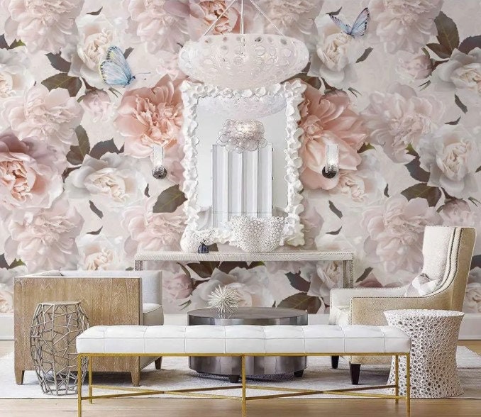 Pink Floral Wallpaper Rose Wall Mural Flowers Peel and Stick - Etsy