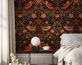 May include: Wallpaper featuring a repeating pattern of birds, strawberries, and floral motifs in shades of red, orange, and gold against a black background. The design includes intricate foliage and symmetrical arrangements of avian figures.