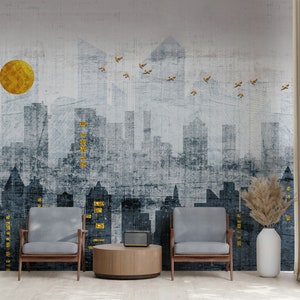 Silhouette City Wallpaper Skyline Wall Murale Tramonto Oro Wall Art Edificio Stacca e Attacca