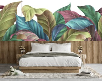 Tropical Leaf Wallpaper Mural: Beige & Green Plant Peel and Stick