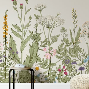 May include: A white wall with a floral wallpaper featuring a variety of green leaves, pink, white, and purple flowers. A small black metal stool with a wooden top sits in front of the wall. A white knitted footstool sits on the floor.