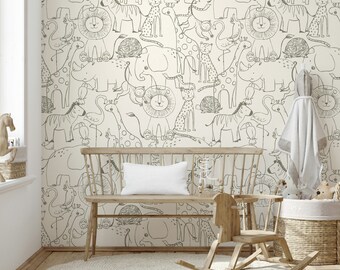 Safari Animal Sketch Wallpaper for Children's Room Playful Zoo Wall Mural