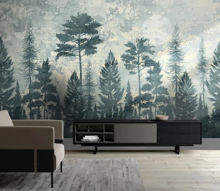 Trees Wallpaper Foggy Wall Mural Misty Peel and Stick Forest Wall Art ...