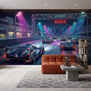 May include: A vibrant mural depicting a nighttime race scene with sleek, futuristic race cars speeding down a track. The artwork features neon pink and blue lighting, a cityscape backdrop, and the word "START" above the track.