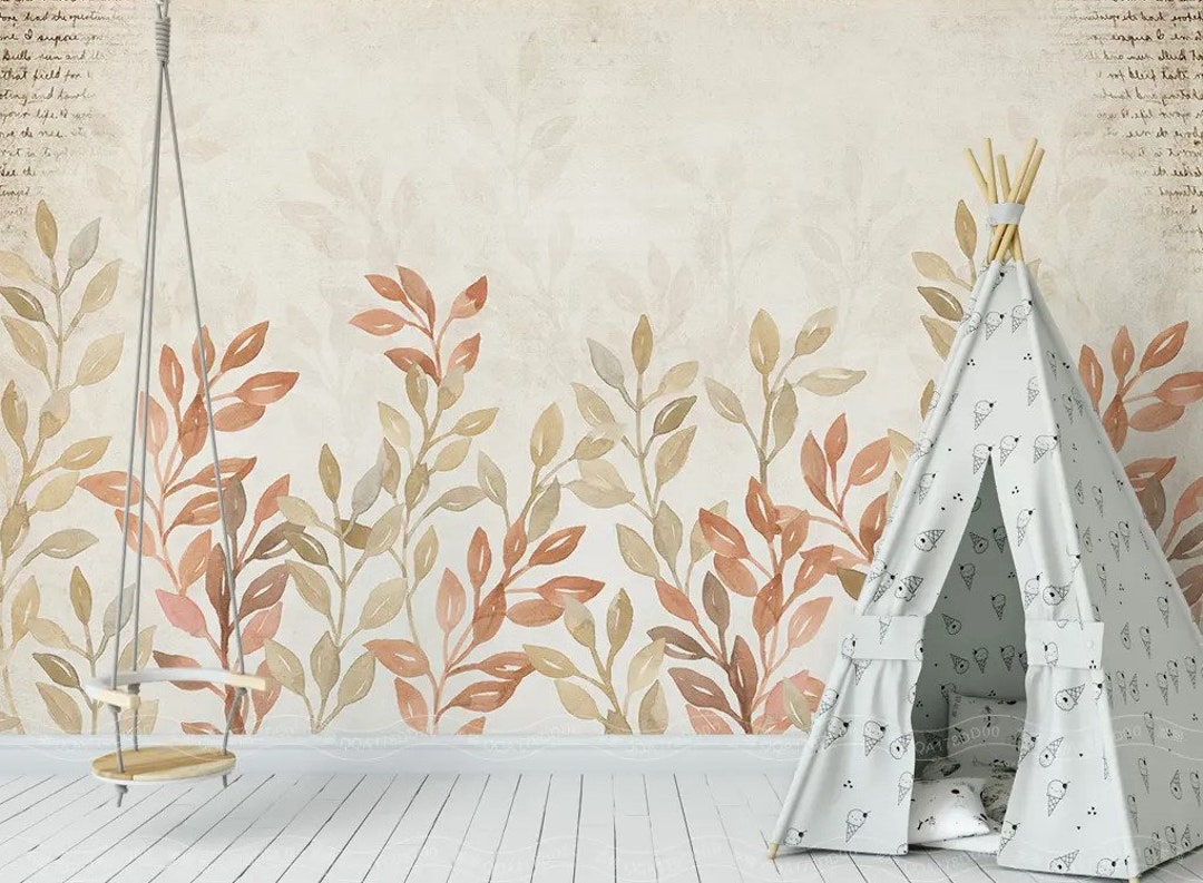 Plants Wallpaper Herb Wall Mural Soft Beige Peel and Stick Leaves Wall ...