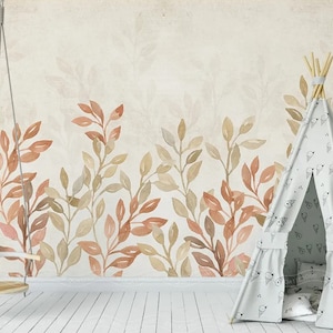 Plants Wallpaper Herb Wall Mural Soft Beige Peel and Stick Leaves Wall Art