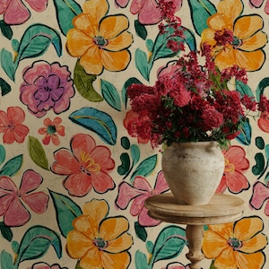 Colorful Floral Wallpaper Painterly Peel And Stick Vibrant Removable Wall Decor