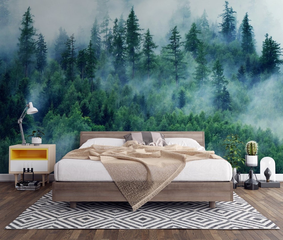 Foggy Forest Wallpaper: Pine Tree Landscape Peel and Stick Wall Mural ...