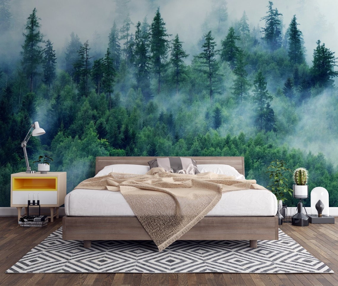 Pine Tree Wallpaper Foggy Forest Landscape Wall Decor - Etsy