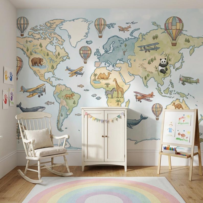 World Map Wallpaper Nursery Peel and Stick Kids Removable Wall Decor - Etsy