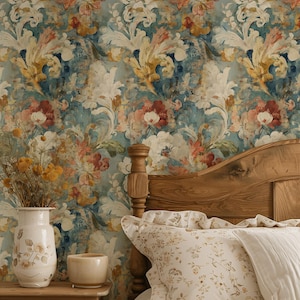 May include: A bedroom scene featuring a floral wallpaper in shades of blue, white, and red. A wooden headboard and nightstand are visible, along with a bed dressed with floral patterned pillows and a white comforter. A vase with dried flowers sits on the nightstand.