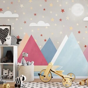 Mountain Nursery Wallpaper: Stars, Moon, Kids Wall Decor - Peel and Stick