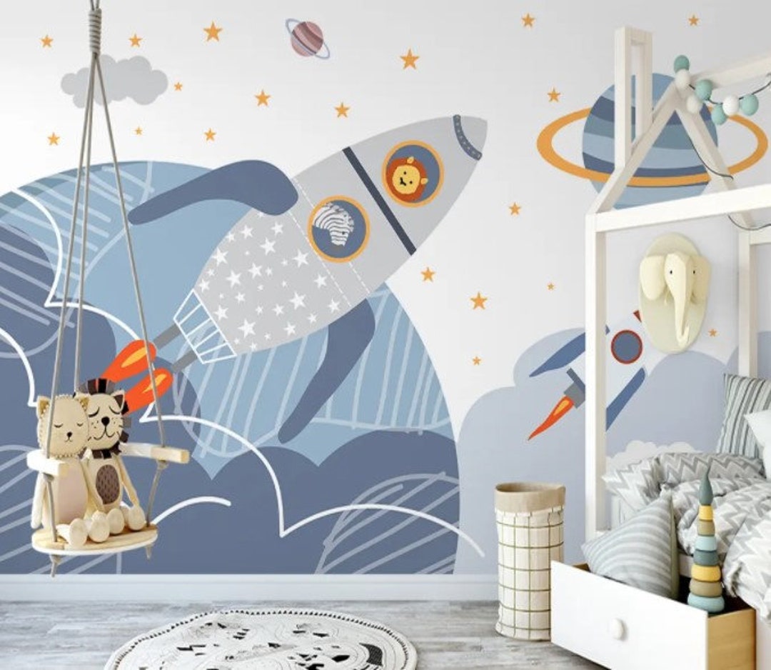 Space Peel and Stick Cartoon Wall Mural Kids Wallpaper - Etsy