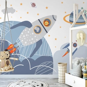 Mural de pared de dibujos animados Space Peel and Stick, papel pintado para niños, pared para niños