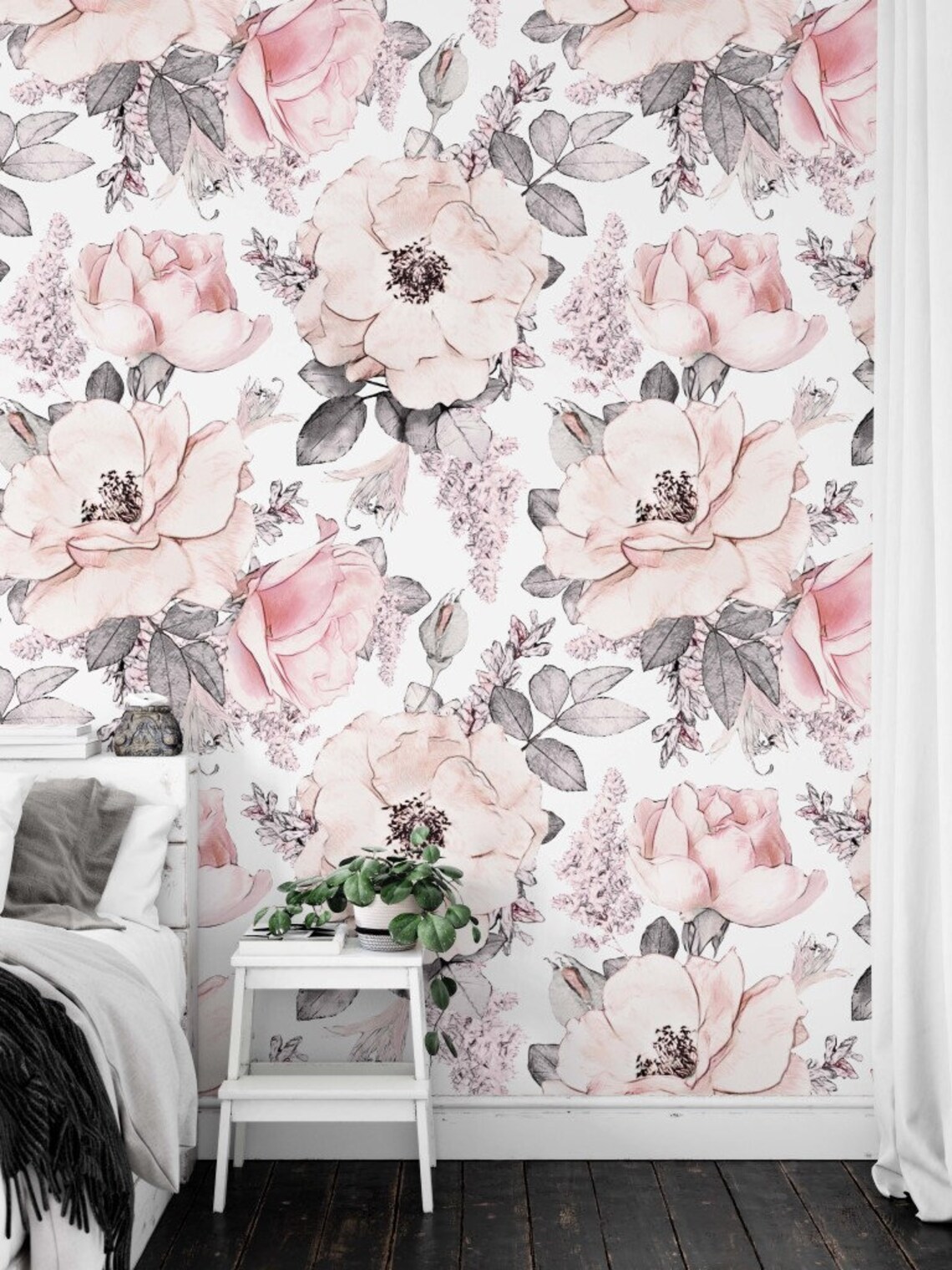 Pink Rose Wallpaper Peony Wall Mural Watercolor Peel and Stick - Etsy