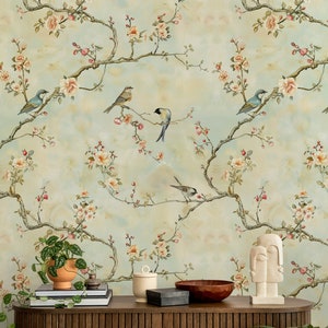 Elegant Bird and Floral Wallpaper Soft Pastel Background, Delicate Branches and Flowers, Vintage Wall Mural