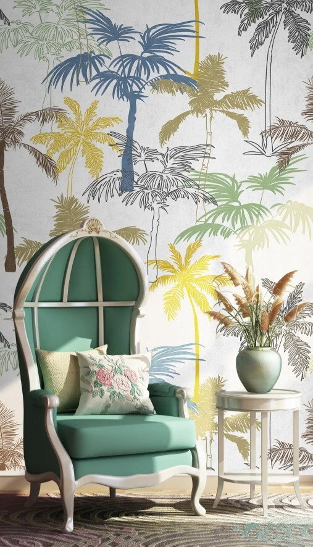 Palm Tree Wallpaper Tropical Wall Mural Colorful Peel and Stick - Etsy