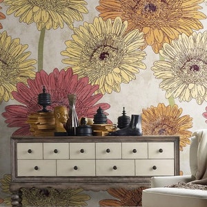 Chrysanthemum Flowers Wallpaper Big Floral Wall Mural Orange Peel and Stick