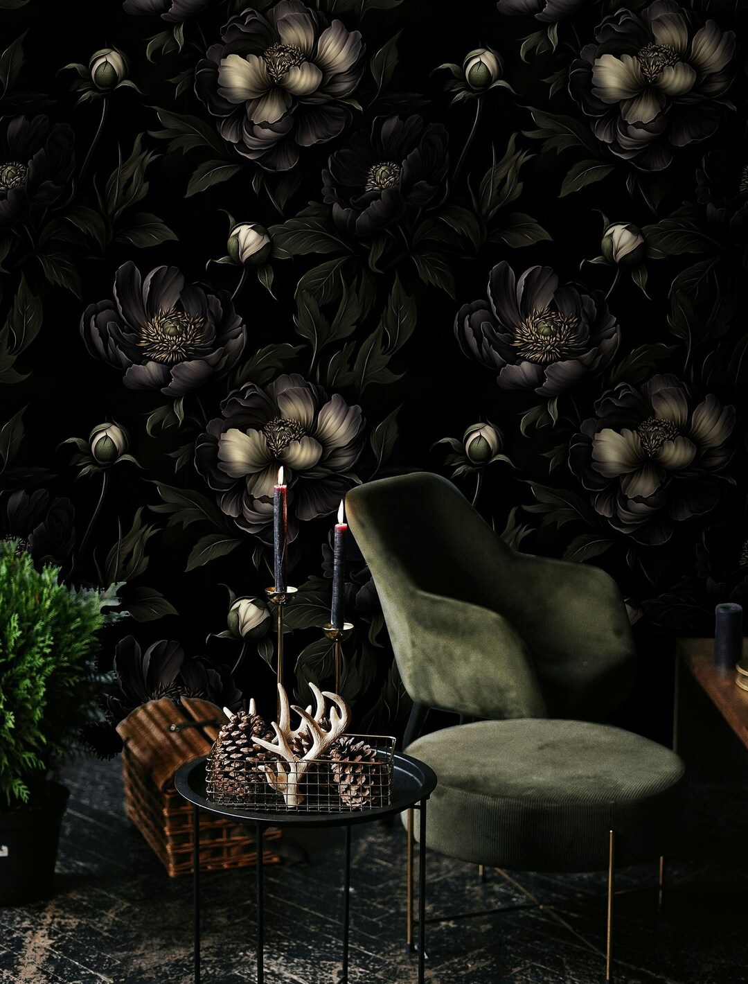 Dark Floral Peony Wallpaper: Moody Botanical Wall Mural - Etsy