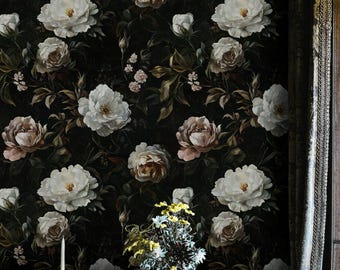 Dark Floral Wallpaper Peel and Stick Moody Vintage Rose Peony Wall Mural