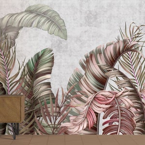 Tropical Plants Wallpaper Grunge Background Peel and Stick Banana Leaves Wall Mural Palm Branch Wall Decor
