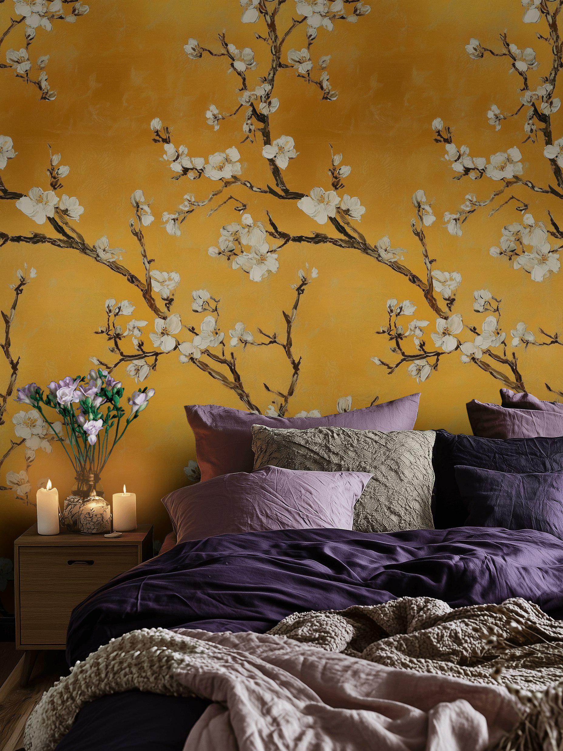 Golden Look Blossom Branches Wallpaper | Modern Oriental Wall Mural for ...