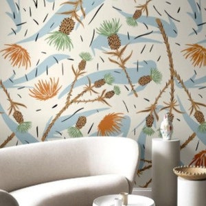 Soft Floral Wallpaper Pine Cone Wall Mural Exotic Flowers Peel and Stick