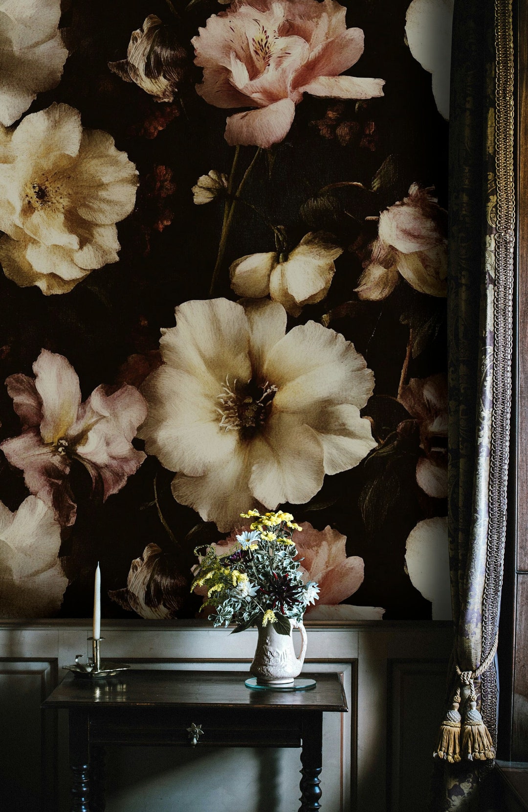 Dark Floral Peel and Stick Wallpaper Moody Vintage-inspired Wall Mural ...