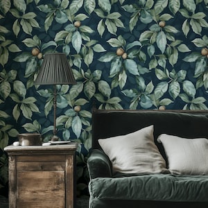 Stimmungsvolle botanische Tapete zum Schälen und Aufkleben, dunkle Teal, grüne Blätter, Vintage-Natur, Wandbild