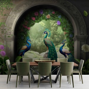 Peel-and-Stick pauwbehang: muurdecoratie tropische jungle boog