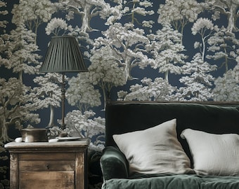 Scenic Tree Toile Wallpaper Navy Blue Forest Wall Mural Vintage Botanical Peel & Stick