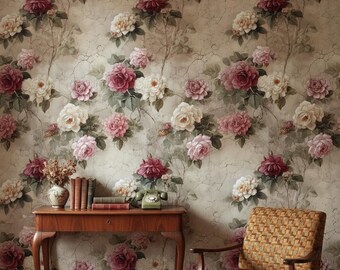 May include: A wooden console table with a stack of books and a green rotary telephone sits in front of floral wallpaper featuring pink and white roses on a cracked beige background. An upholstered armchair with a brown grid pattern is nearby.