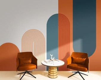 Blue and Orange Geometric Shapes Wall Mural | Modern Semicircle Wall Design | Bohem Style Removable Wallpaper