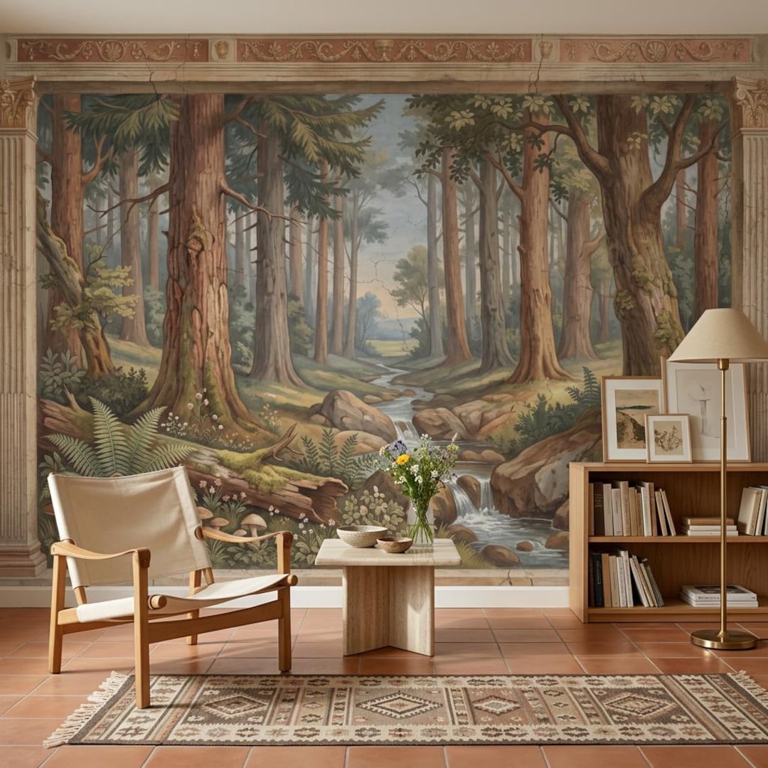 Forest Landscape Mural Wallpaper Stream and Waterfall Peel and Stick ...
